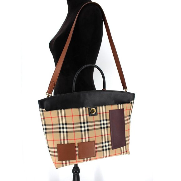 Burberry Society Check Leather Canvas Tote Large Hand Bag Nova Check Patchwork - Picture 11 of 12